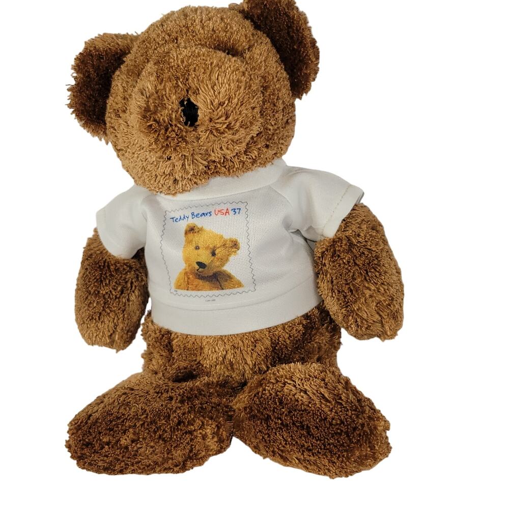 Teddy Bear Plush 8" USA 37 Stamp Shirt Stuffed Animal Brown Small Teddy